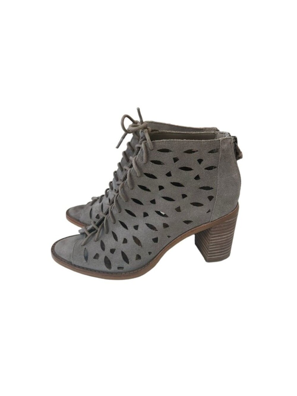 Gianni Bini Women 7.5M Block Heel Booties Taupe Leather Peep Toe Lace Up Cut Out